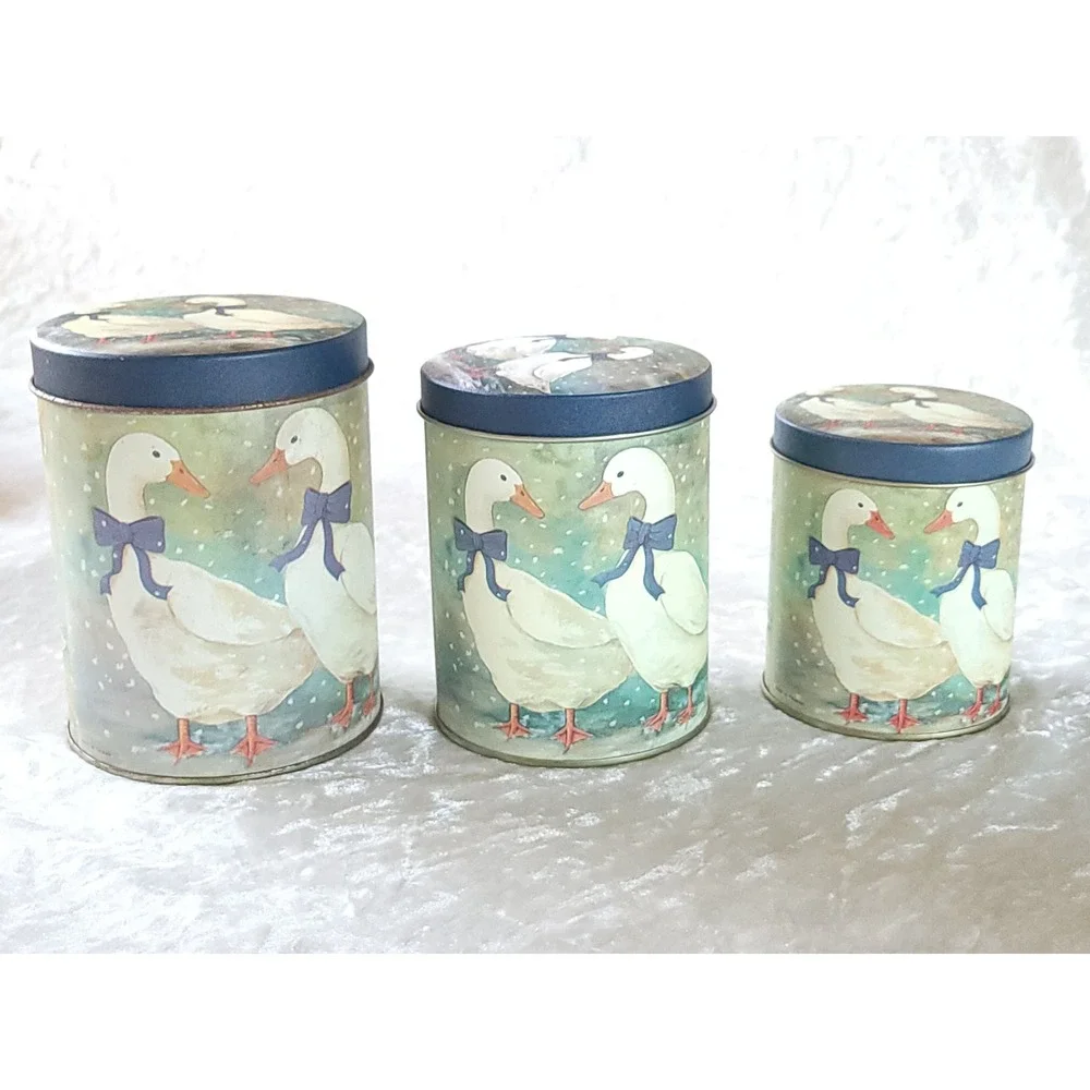 Vtg Country Geese Nesting Tin Canisters Set of 3 Blue Bows Farmhouse Decor